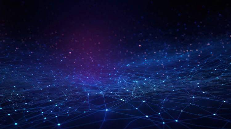 blue and purple interconnected lights on a black background