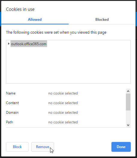 Computer cursor hovering over the office365 cookies option, then clicking the Remove button
