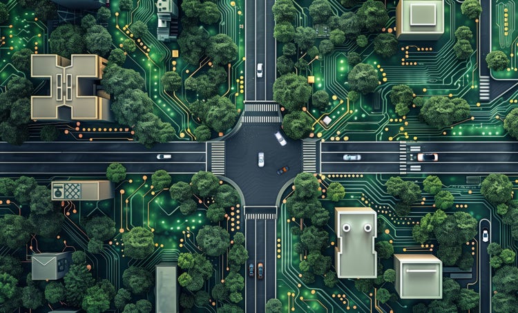 Conceptual illustration depicting a "smart city," where urban planning is integrated with digital technology. The ground is designed as a green circuit board. The roads form paths similar to data conduits on a microchip. The city incorporates green spaces and trees among the technological elements