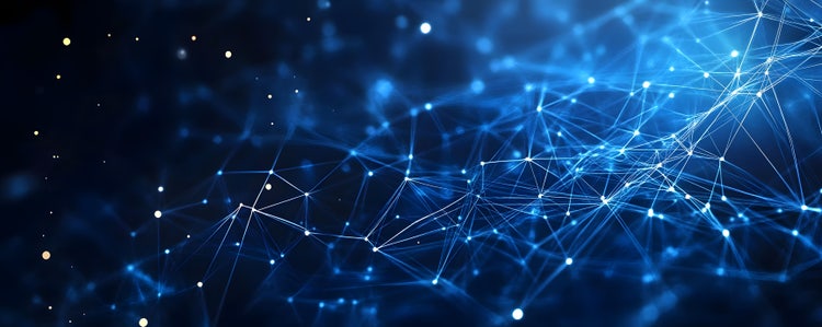 blue and white interconnected lights on a black background