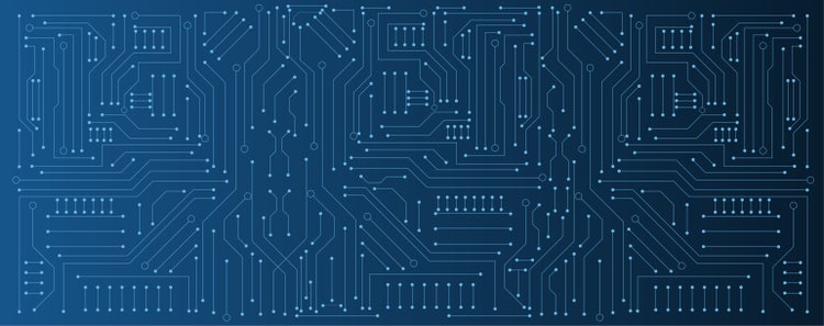 a simple circuit board design on a gradient blue to black background
